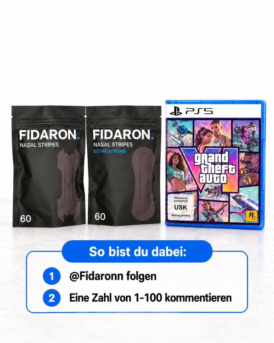 Realnacks's tweet photo. 🚨 GEWINNSPIEL 🚨

Pünktlich zum Russland-Virus und dem damit einhergehenden Lockdown verlosen wir:

🎮 1× GTA VI für die PS5 (digital)
👃 1× Jahresvorrat FIDARON Nasenpflaster

So bist du dabei:
➜ @Fidaronn folgen
➜ Eine Zahl von 1–100 kommentieren

Wer richtig tippt gewinnt. Viel Glück an alle! 🍀
