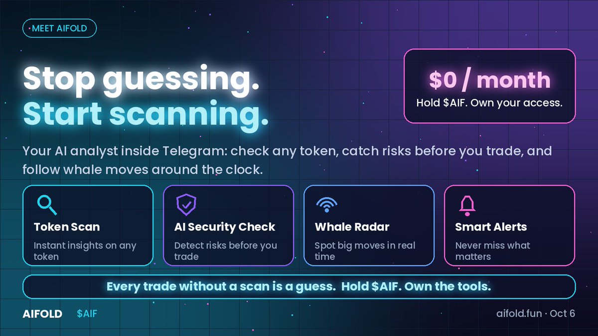 AIFOLDAI's tweet photo. 10/10   Beginner friendly 
New to on-chain trading? Good. 

AIFOLD Bot explains every result in simple words — what the risk score means, why liquidity matters, what a whale move signals. 

Trade smarter while you learn. 📚 

Oct 6 · 14:00 UTC · https://t.co/jFOO4qjCmO https://t.co/NWJmY8NbjC