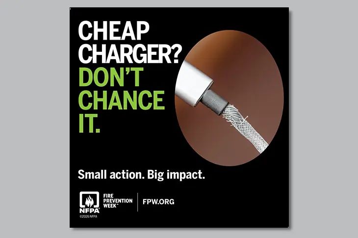 SPFPD's tweet photo. Use the cord and charger that came with your device or one approved by the manufacturer. Using the wrong charger can damage the battery and increase the risk of fire.

#FirePreventionWeek #ChargingSuperpower #LithiumIonSafety https://t.co/0qWPfosFQX