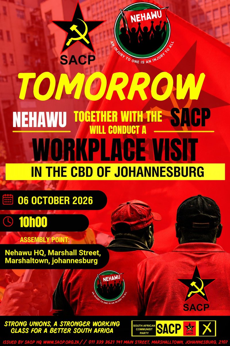 SACP1921's tweet photo. SACP and @NEHAWU to conduct a workplace visit tomorrow, Tuesday 6 October.
#VoteSACP #IamVotingSACP #LGE2026 https://t.co/Efubb5nTjc