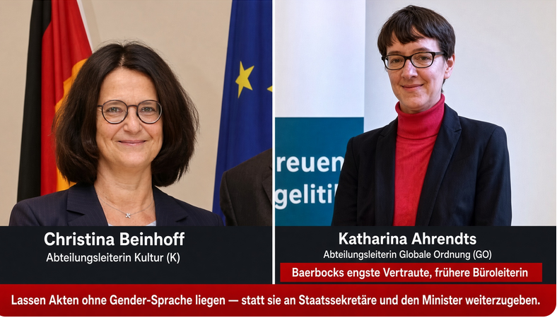 DerGanesha's tweet photo. Wer sind die beiden Damen, die Gendern im auswärtigen Amt verteidigen ?

Christina Beinhoff (Kultur)

Jahrgang 1967, Juristin, seit 1999 im Auswärtigen Dienst
Seit Sommer 2025 Abteilungsleiterin Kultur, seit März 2026 zusätzlich Sonderbeauftragte für jüdische Organisationen, Antisemitismus und Holocaust-Erinnerung verdient 14.000 Euro

Katharina Ahrendts (Globale Ordnung, GO)

Karrierediplomatin, Jura in Passau, London und Freiburg
Unter Baerbock Leiterin des Leitungsstabs und engste politische Beraterin
Seit Juli 2025 Abteilungsleiterin, Nachfolgerin von Katharina Stasch, verdient 14000 Euro