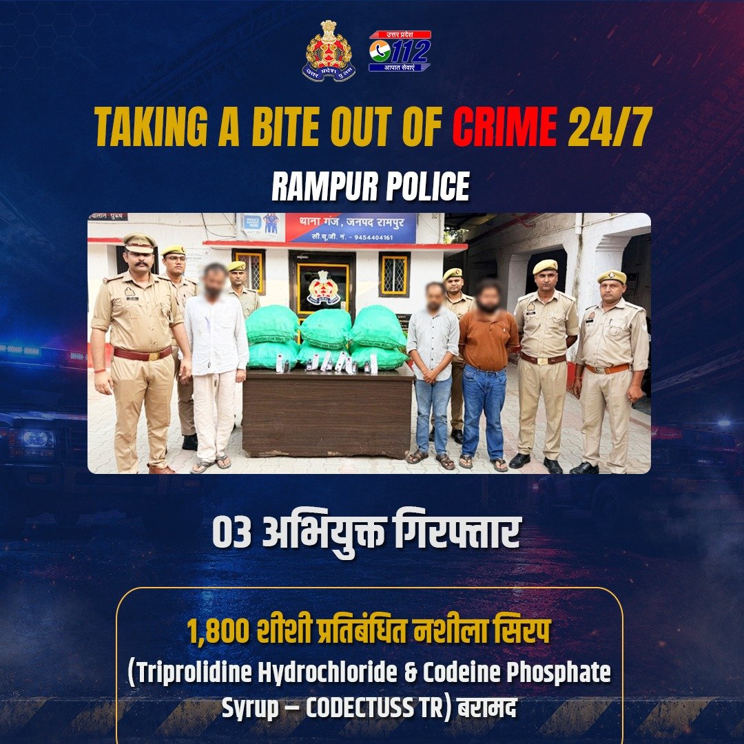 Uppolice's tweet photo. Zero Tolerance Towards Narcotics—

प्रतिबन्धित कोडीन सिरप के अवैध व्यापार में लिप्त 03 अभियुक्तों को @rampurpolice द्वारा गिरफ्तार करते हुए उनके कब्जे से 1,800 शीशी प्रतिबंधित नशीला सिरप बरामद किया गया है।

अभियुक्तगण द्वारा मुरादाबाद से कोडीनयुक्त सिरप ब्लैक में खरीदकर रामपुर में ऊंचे दामों पर राहगीरों एवं मेडिकल स्टोर्स को बेचकर आर्थिक लाभ अर्जित किया जाता था।

#UPPNabsNarcos 
#GoodWorkUPP 
#ANTF