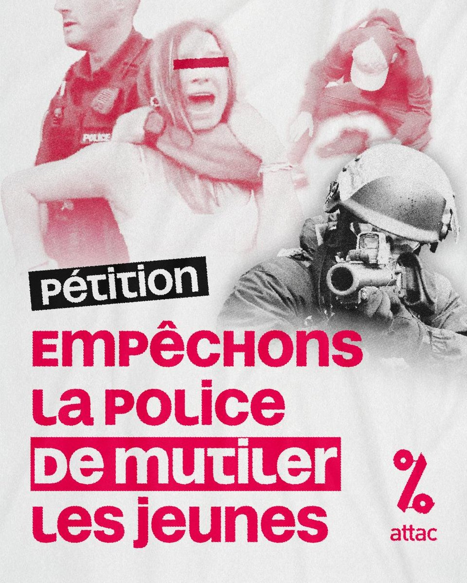 attac_fr's tweet photo. Empêchons la police de mutiler les jeunes !

Signez massivement la pétition pour l'interdiction des armes mutilantes et des techniques d'immobilisation létales dans les manifestations lycéennes 👇
https://t.co/PWQ7VF4QHh https://t.co/SrzETIRrLA
