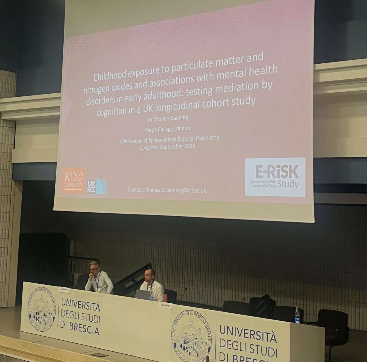ERiskstudy's tweet photo. 🎤🌍 Dr Thomas Canning presented research from the E-Risk Study at #EPABrescia2026 last month, exploring links between childhood air pollution exposure and mental health in early adulthood.

@KingsIoPPN @SGDPCentreKCL @kcsamh @The_MRC @BresciaPR https://t.co/qEYsdHm5Kx