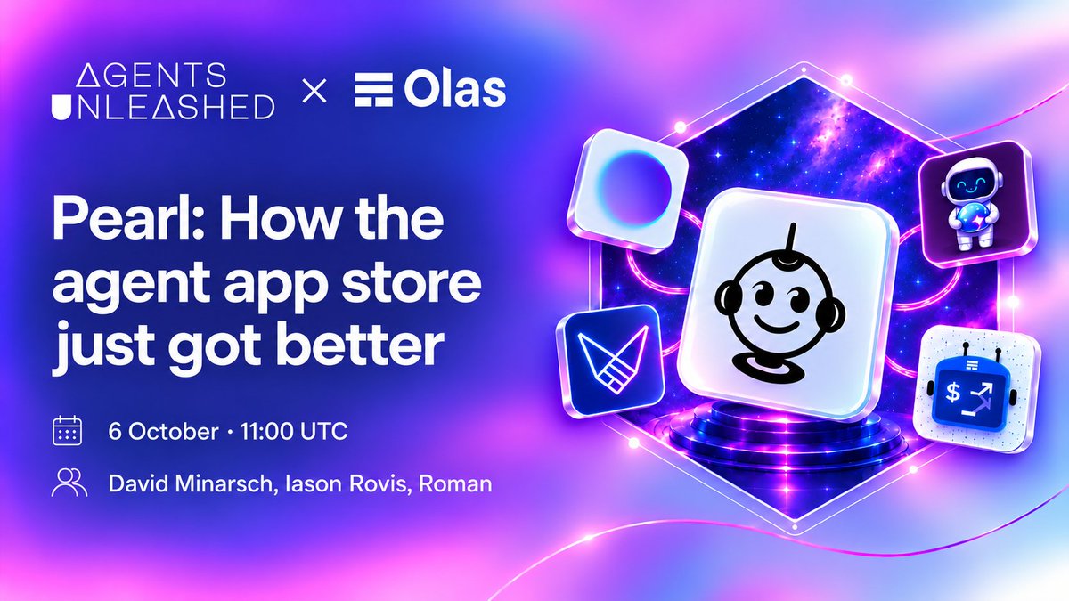 autonolas's tweet photo. Own your agents — hear about how, and Pearl's latest updates, live.

Find out how you can bring your own AI agent with Connect, fund with tokens you already hold, get faster support via Pearl's own Success Agent, and more.

Join @david_enim, @iasonrovis and Roman, from the team behind the product, on Tuesday, October 6 at 11 AM UTC.

Add it to your calendar! It'll be live here:

https://t.co/4GdmqQ82b7