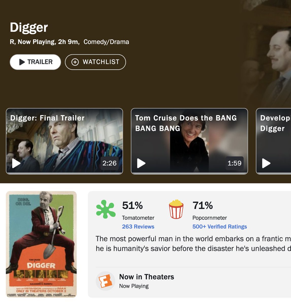 freddier's tweet photo. I think Digger's low review score is a reflection of the academic collapse of humanity in general. The movie is a risky achievement in telling the truth about how we use art to justify our lack of action. 

But... it takes a while to pay off. You wouldn't get it if you disconnected from the movie early on. It demands attention to detail, focus. 

Iñárritu and Tom Cruise respected the audience's intelligence and paid the price.