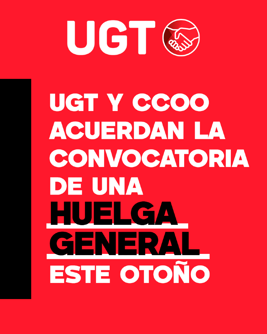 UGT_Comunica's tweet photo. 🔴UGT y CCOO acuerdan la convocatoria de una huelga general este otoño

📢Los sindicatos incorporan el conflicto de rentas en el marco de las grandes movilizaciones por la vivienda. Los salarios no alcanzan a pagar la vivienda y hacer frente a la inflación.

👊Llamamos a las personas trabajadoras a sumarse a esta campaña en los centros de trabajo y en la calle hasta que la vivienda deje de ser un privilegio y los salarios permitan vivir con dignidad.