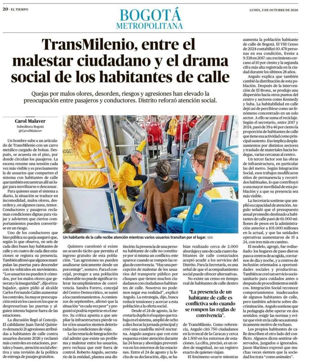RobertoAnguloS's tweet photo. ¿Qué hay detrás de la tensión ciudadana por la presencia de habitantes de calle en @TransMilenio? 

¿Qué piensan los usuarios y qué piensan los habitantes de calle? 

¿Cómo estamos respondiendo desde @integracionbta? 

Excelente y equilibrado reportaje @CarolMalaver de @ELTIEMPO.

https://t.co/98OVA0FC5n