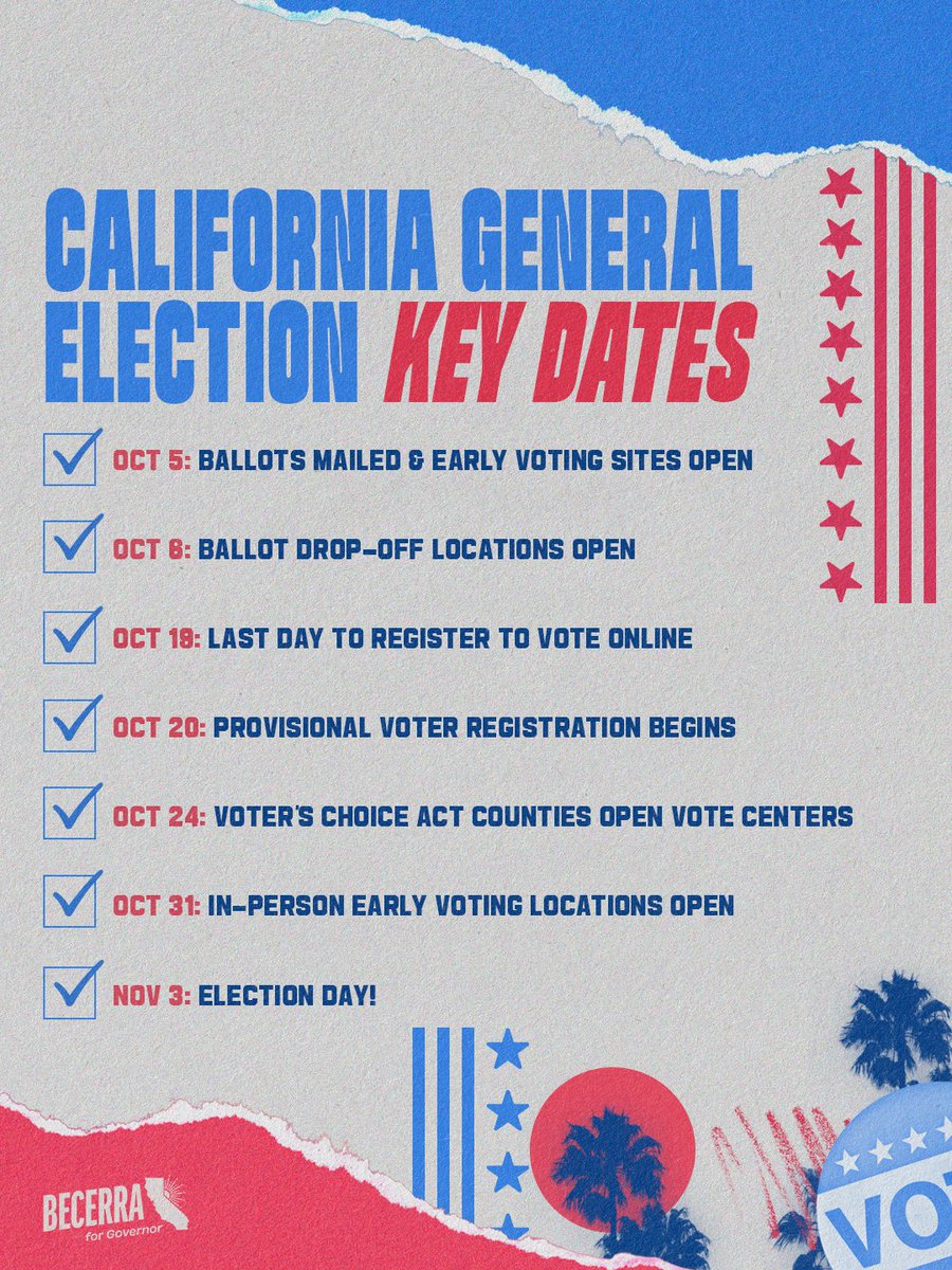 XavierBecerra's tweet photo. Ballots are on their way!

Make a plan to vote on November 3.

Find resources and track your ballot at https://t.co/wHLc3QgkuB https://t.co/Otbh6B9YEF