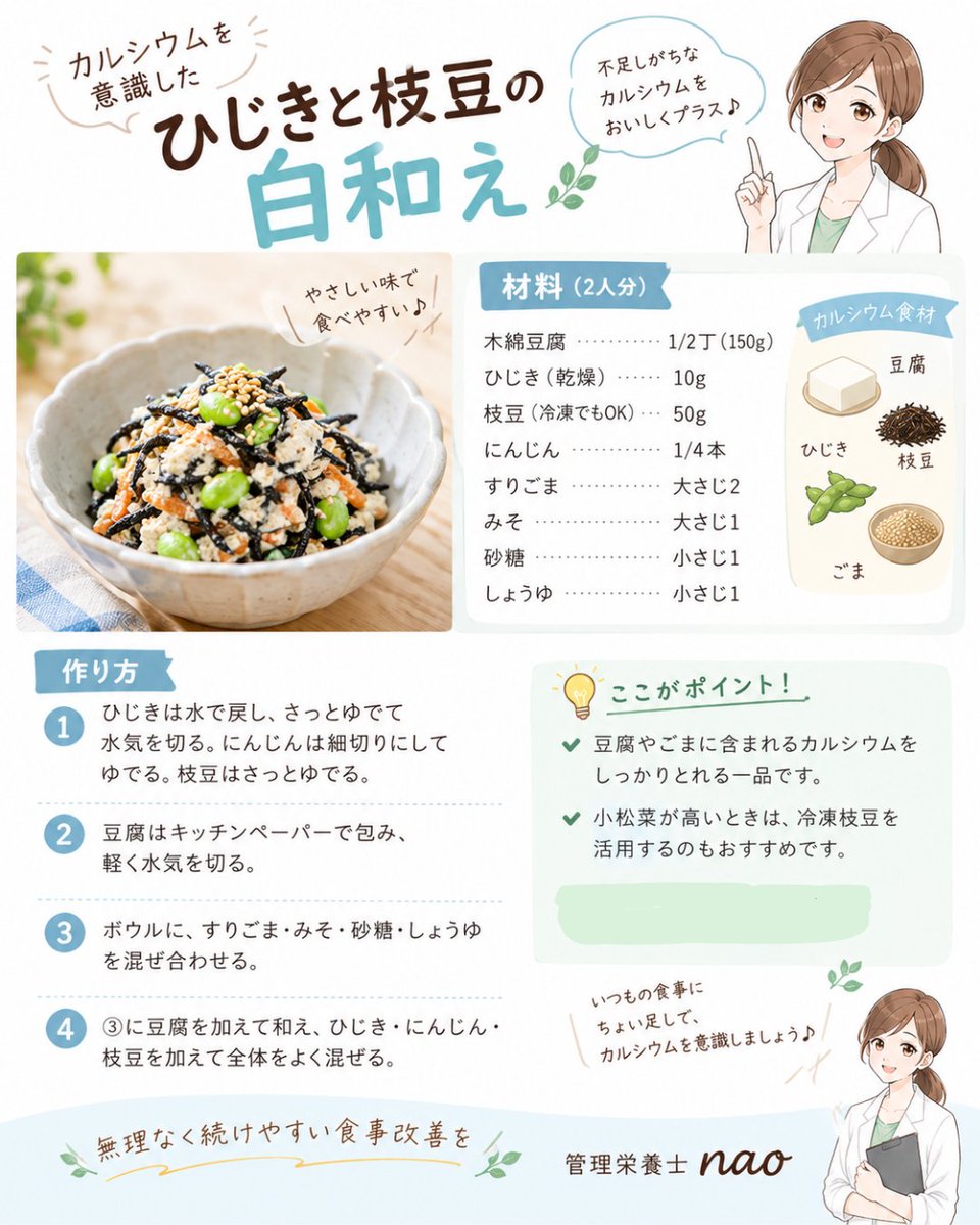 NAK208785866782's tweet photo. 和え物に小松菜を使いたいけど、ちょっと高い…
そんなときは、ひじきや冷凍枝豆を活用するのも◎
食材はまとめて茹でてOK！
食材が高いときの一品にもおすすめです🌿
毎日の食事に、無理なくカルシウムをプラスしていきましょう♪

#管理栄養士 #カルシウム #食事改善 #簡単レシピ #白和え #ひじき https://t.co/0mS5UCIMxS
