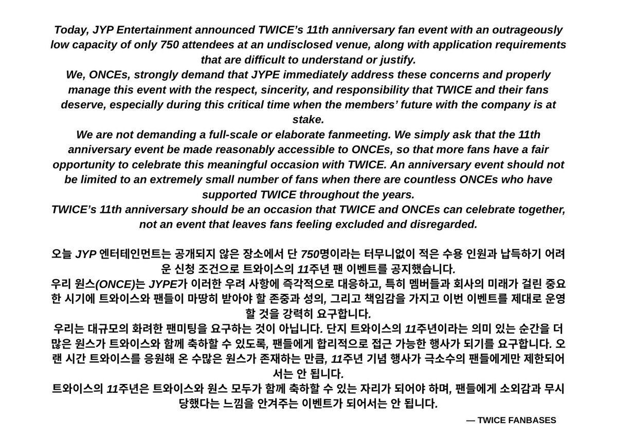 twicepopbase's tweet photo. We, ONCEs, strongly demand that JYPE immediately address these concerns and properly manage this event with the respect, sincerity, and responsibility that TWICE and their fans deserve. @jypnation @JYPETWICE 

#JYPE_RESPECT_TWICE_AND_ONCE
#JYP는트와이스와원스를존중하라
#JYP必须尊重TWICE和ONCE
#JYPはTWICEとONCEを尊重してください