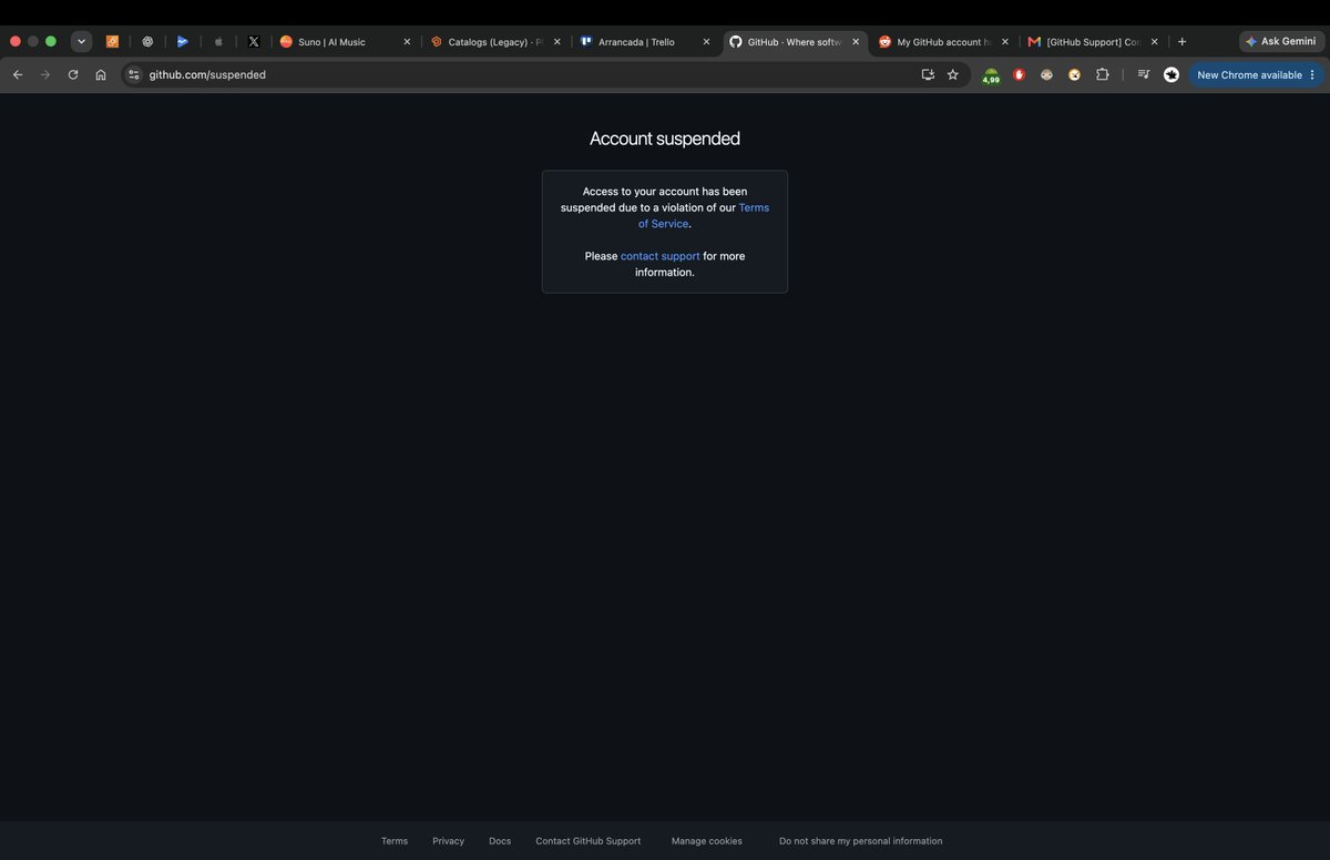 vulgo_rox's tweet photo. Imagine you build the app of your life, pays all your bills but you need to send an urgent update to keep compliant with Google Play and App Store requirements.
However, you find out GitHub just suspended your account, no warning, no chance to download your code.

Just happened to me.