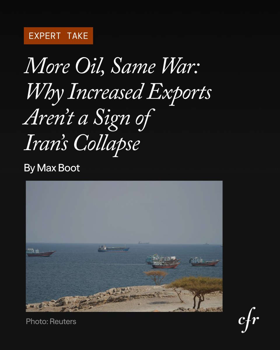 CFR_org's tweet photo. Oil exports from the Middle East have rebounded, fueling claims that the United States is winning its war with Iran. But the Strait of Hormuz remains treacherous, Tehran isn’t any closer to accepting Washington’s terms, and the costs of the conflict are continuing to climb on both sides, argues expert @MaxBoot. 

President Donald Trump’s war with Iran has dragged into its 8th month. But lately there has been some good news for the United States: More oil is getting out of the Middle East, than at any point since the United States and Israel launched the conflict on February 28, Boot notes.

"But does this suggest that the United States is on the verge of defeating Iran? . . . . The reality is more complicated,” writes Boot. “There is no indication that the economic punishment being suffered by Iran’s people will lead its regime to buckle. Iran, like Cuba and North Korea, has long experience in surviving U.S. sanctions.”

The Strait of Hormuz remains a treacherous route for commerce, with Iran continuing to attack shipping. Most of the increase in exports is coming not from the strait but from alternative routes that are longer and more expensive. “So, the global economic shock caused by the war, although slightly easing, is not likely to end anytime soon.” 

In recent days, Iran has stepped up attacks on ships in the Strait of Hormuz. "That is no doubt why Trump is signaling that he may intensify U.S. involvement in the war with Iran after the midterm elections," writes Boot.

“Trump and his supporters are fooling themselves if they think there is a military solution to this conflict. There isn’t."

"The only way to end the war is through renewed negotiations with Iran, which will likely result in a deal that does not grant Trump his prewar demands. Instead, they will likely have to reward Iran with concessions on sanctions and frozen assets. In other words, a deal a lot like the one Trump signed in June," Boot argues.