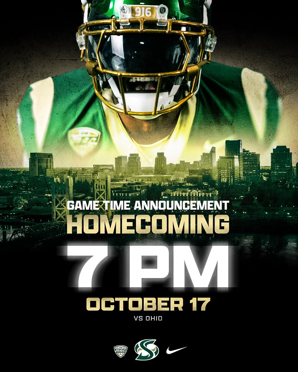 SacHornetsFB's tweet photo. 𝙇𝙊𝘾𝙆 𝙄𝙏 𝙄𝙉
The Homecoming game against Ohio will start at 7 pm and air on ESPN+ on Oct. 17. https://t.co/7Hk4ErA49p