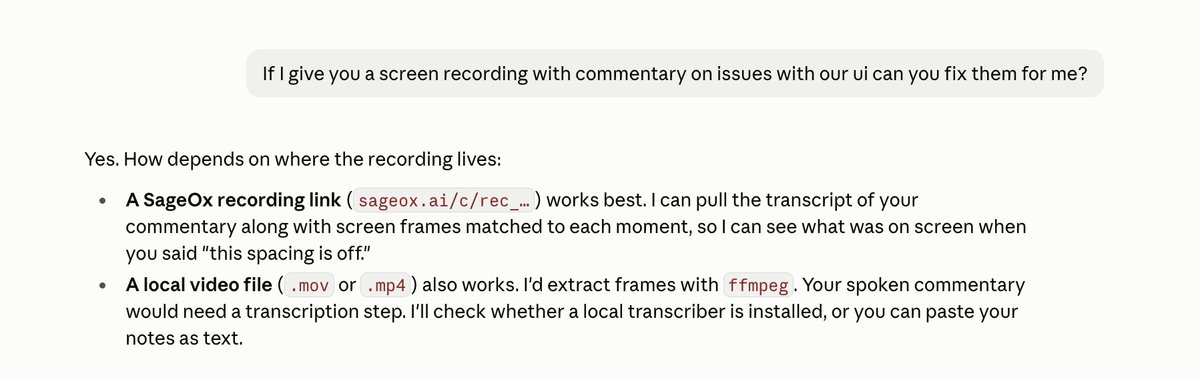 emory_clark_'s tweet photo. Pleasantly surprised to see that Claude prefers working with @SageOx recordings https://t.co/PAKqPzA09l