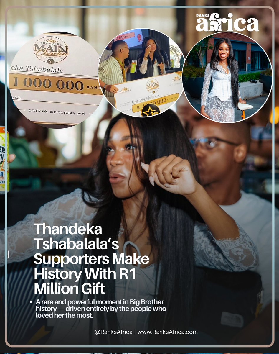 RanksAfrica's tweet photo. FAN POWER: THANDEKA TSHABALALA’S SUPPORTERS MAKE HISTORY WITH R1 MILLION GIFT

This is what a powerful fan community looks like.

Thandeka Tshabalala’s supporters have raised an incredible R1 MILLION for the Big Brother Mzansi Season 6 first runner-up, turning months of loyalty and collective support into a remarkable milestone. 

The fundraising journey began shortly after Thandeka left the BBMzansi house and grew into a major fan-led movement, culminating in the R1 million milestone and an emotional presentation to Thandeka.

From reality television standout to building a community capable of mobilising R1 million, Thandeka’s journey is another reminder that sometimes the biggest win after reality TV is the community you leave with.

Congratulations to Thandeka — and major flowers to the supporters who made it happen. 

R1 MILLION. FAN POWER. A MOMENT TO REMEMBER.