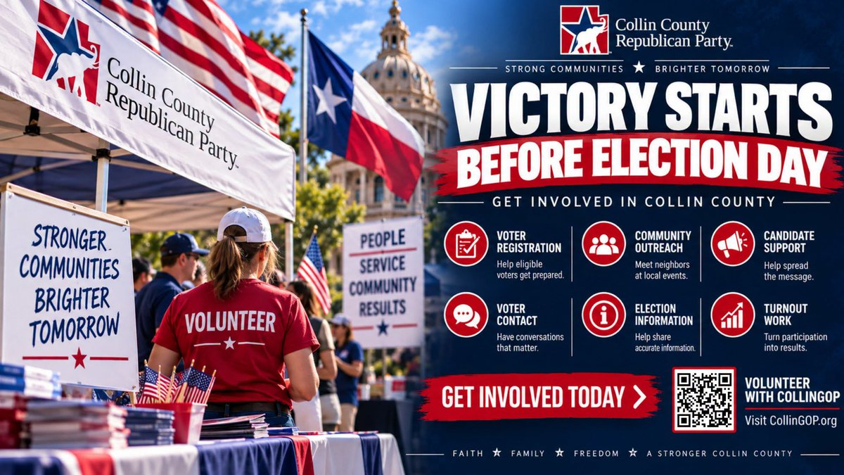 CollinGOP's tweet photo. Strong campaigns and strong communities are built by people willing to get involved. 

Whether it's helping at a community event, connecting with neighbors, or supporting grassroots efforts, there are plenty of ways to make a difference right here in Collin County.

Ready to help? Get involved with CollinGOP and find a way to serve.

#CollinCounty #CollinGOP #GetInvolved