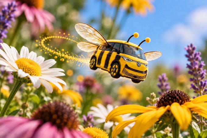 A whimsical image of a yellow and black striped Volkswagen car designed to look like a bee with wings and antennae, flying among colorful daisies and lavender flowers.