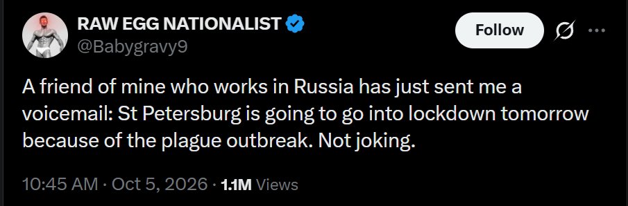 911NewsBreaks's tweet photo. ALERT: 🚨  Unconfirmed report suggests St. Petersburg Russia will LOCKDOWN over plague outbreak.

No official confirmation from Russian media. 

Russia maintains the situation is under control. https://t.co/6eLP1W9qVZ