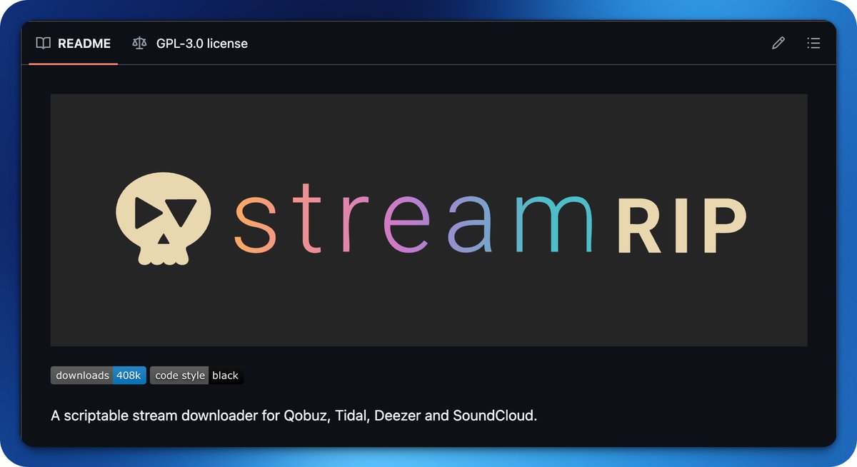 GithubProjects's tweet photo. Download music from Qobuz, Tidal, Deezer and SoundCloud with one tool.

- Grabs tracks, albums, playlists and labels
- Skips files you already have
- Converts to formats like mp3 https://t.co/6joMxTBjng