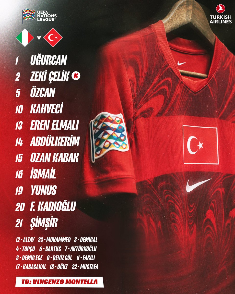 MilliTakimlar's tweet photo. A Millî Takımımızın İtalya karşısında sahaya çıkacak 11’i belli oldu. 🇹🇷
 
11’imiz: Uğurcan Çakır, Zeki Çelik, Salih Özcan, İrfan Can Kahveci, Eren Elmalı, Abdülkerim Bardakcı, Ozan Kabak, İsmail Yüksek, Yunus Akgün, Ferdi Kadıoğlu, Aral Şimşir.

#BizimÇocuklar🇹🇷 | #NationsLeague | #UNL | #ITATUR | @TK_TR