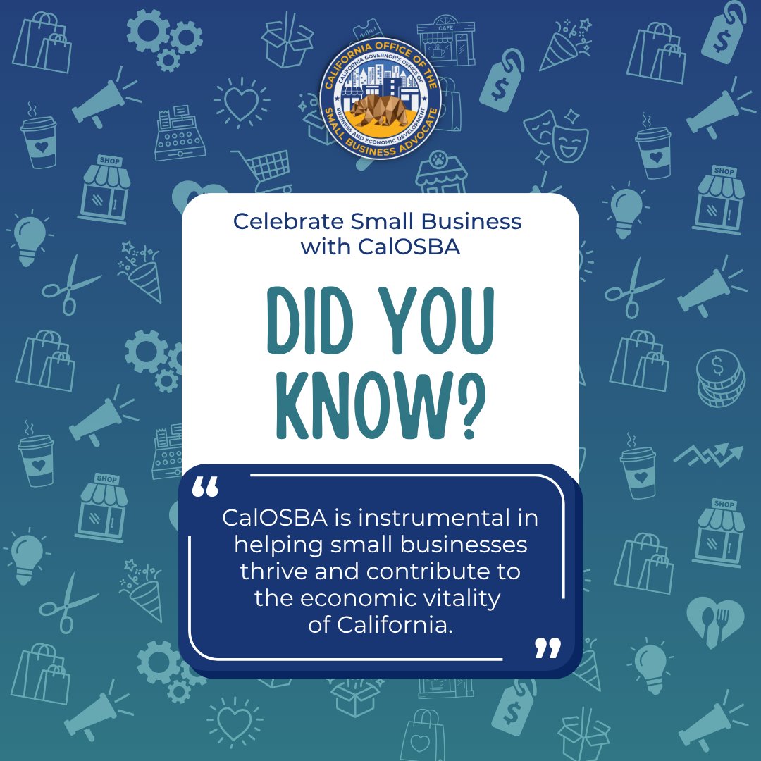 CaliforniaOSBA's tweet photo. 💡 #CASmallBizFact | CalOSBA plays an instrumental role in helping California’s small businesses thrive and contribute to our state’s economic vitality. 🌱 By connecting entrepreneurs with resources and opportunities, we help strengthen small businesses and communities. https://t.co/SdoRC3MkVm