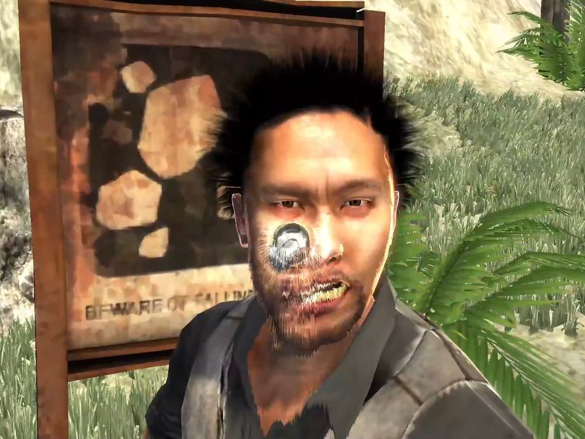 A rugged video game character with wild hair and a beard glares intensely at the camera in front of a "Beware of S..." warning sign, exemplifying the over-the-top action style of the 2007 PC release Stranglehold.
