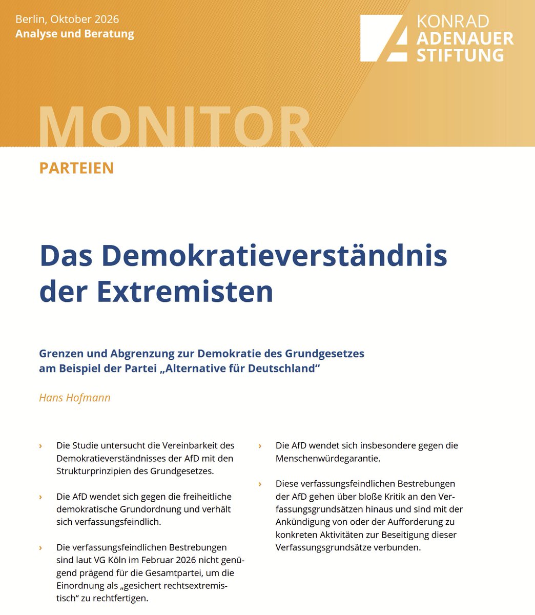 Anwalt_Jun's tweet photo. Die CDU-nahe Konrad-Adenauer-Stiftung kommt zum Ergebnis, dass sich die AfD gegen die fDGO wendet und sich verfassungsfeindlich verhält. Die Gründe decken sich weitgehend mit den Befunden seriöser Staatsrechtler und das ist nicht verwunderlich. Es gibt jedoch einen bemerkenswerten Schwerpunkt: