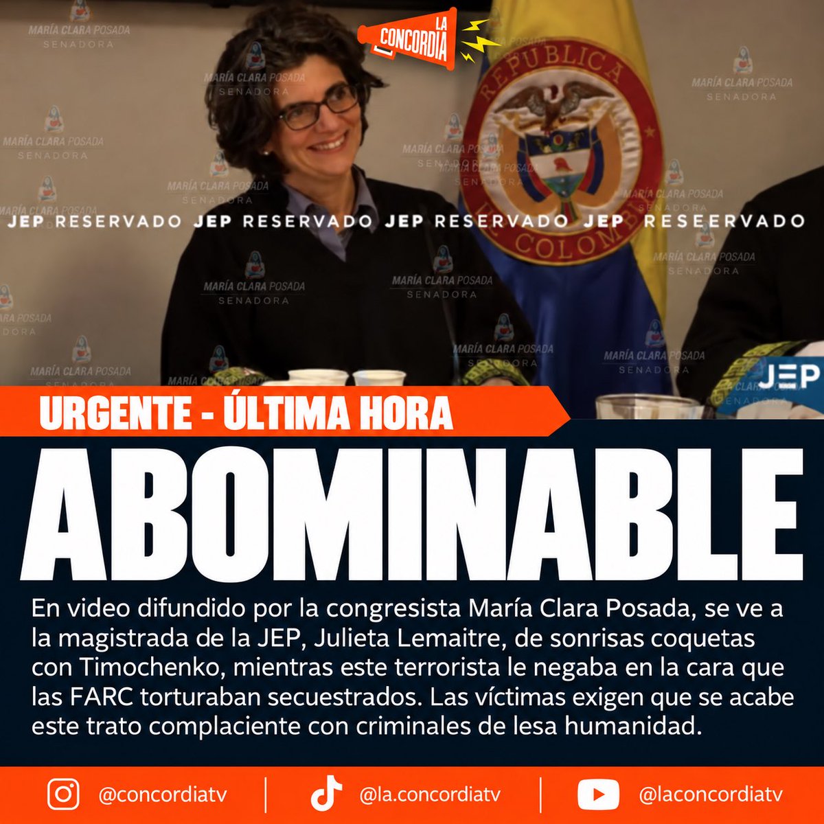 LaConcordiaTV's tweet photo. ABOMINABLE

@MaclaPosada reveló videos de @TimoComunes ante la @JEP_Colombia Mientras negaba que las FARC torturaran secuestrados. Las imágenes muestran risas coquetas y complacencia durante la diligencia. El repudio de las víctimas a este comportamiento ya es escándalo nacional https://t.co/9L3lzNfGz6