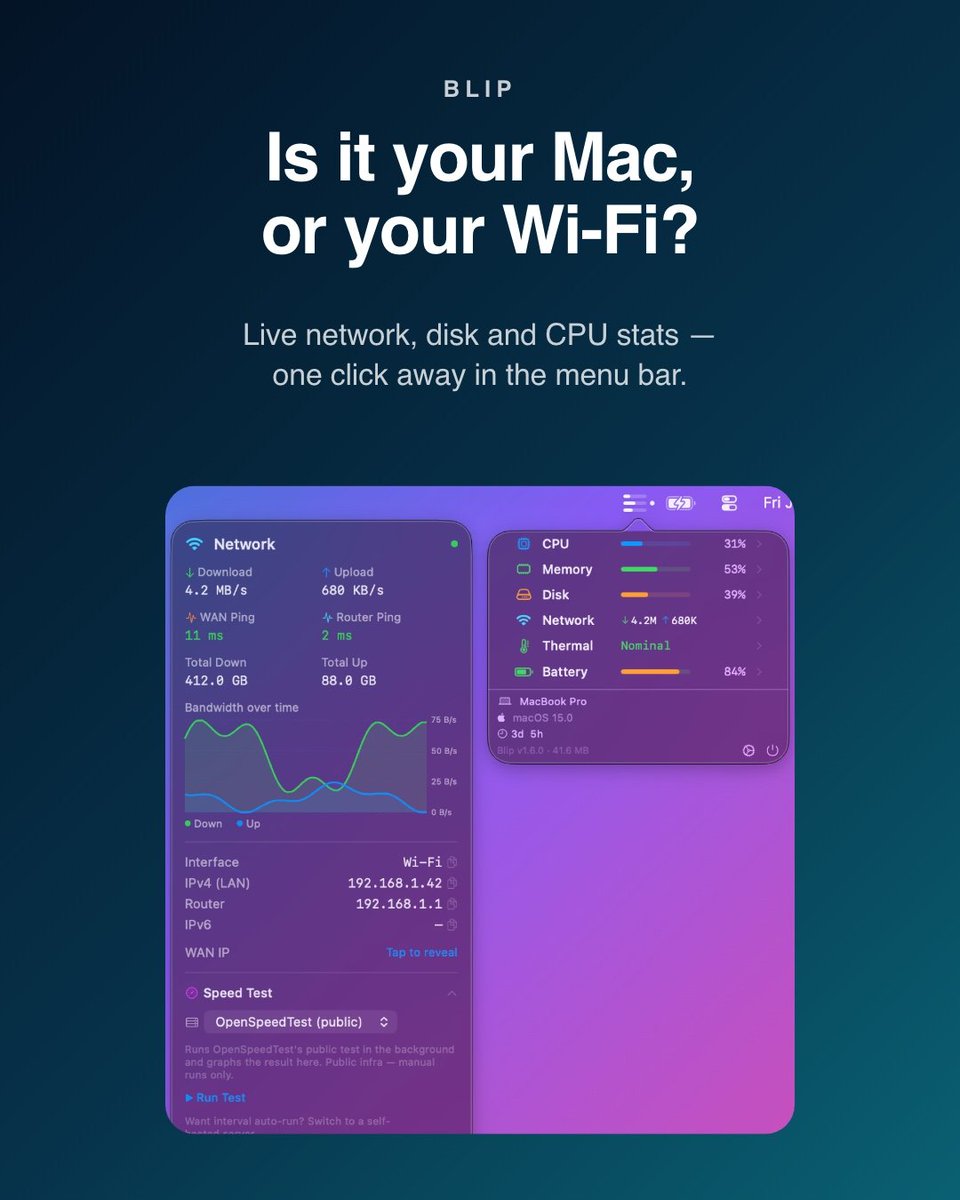 apps_by_blaine's tweet photo. Slow day? Blip lives in your Mac's menu bar and shows live network, CPU, memory, disk and battery stats, plus a built-in speed test. Find the bottleneck in seconds.

Blip: https://t.co/Sys4WlCvrX
#macos #macapps https://t.co/5Ok7rJFeSo