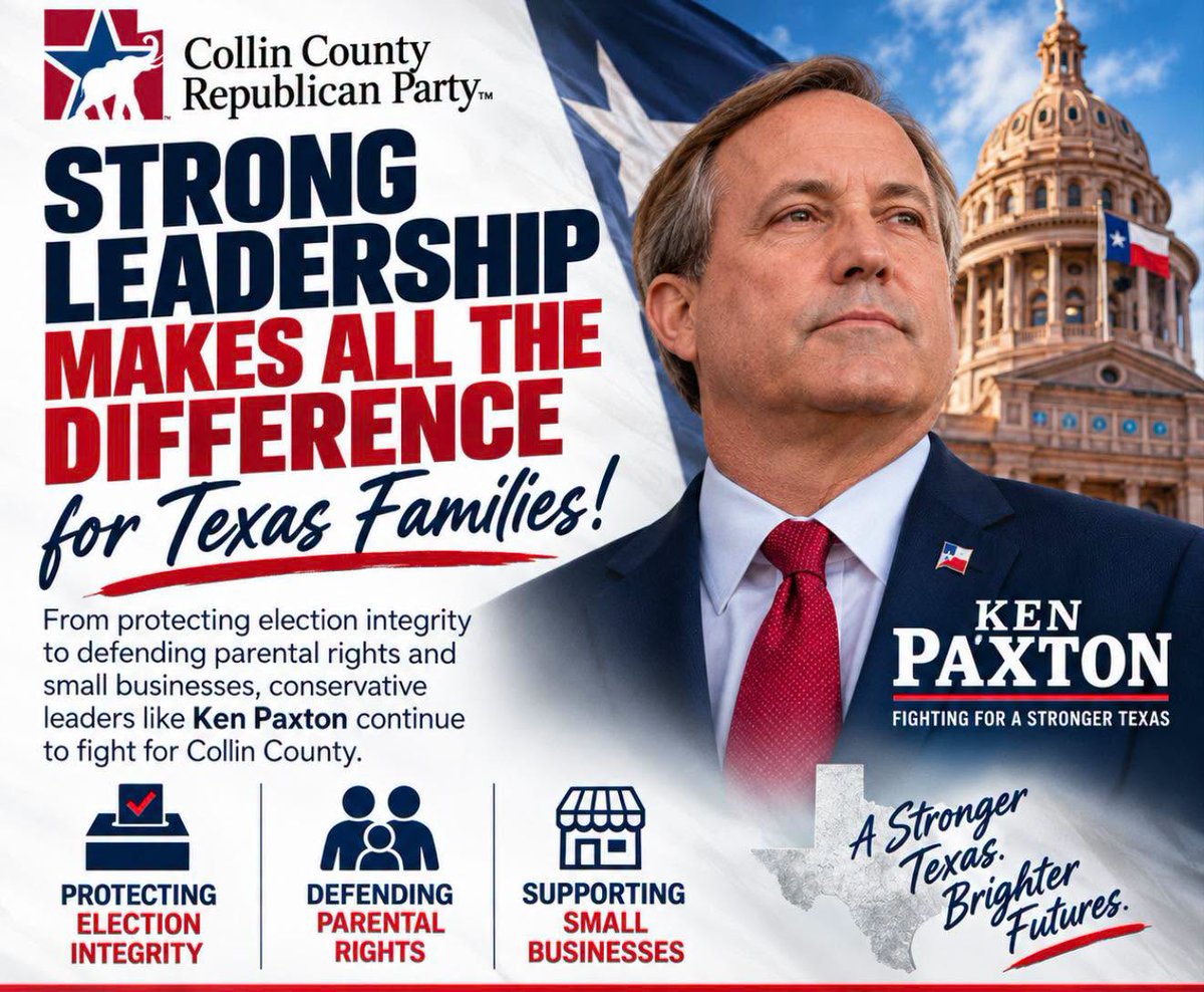 CollinGOP's tweet photo. Strong leadership makes all the difference for Texas families!
From protecting election integrity to defending parental rights and small businesses, conservative leaders like Ken Paxton continue to fight for Collin County.
What issue do you want our Texas leaders to prioritize most this coming session? Drop your thoughts in the comments below!
#CollinCountyGOP #TexasPolitics #Victory2026 #KenPaxton #TexasFirst