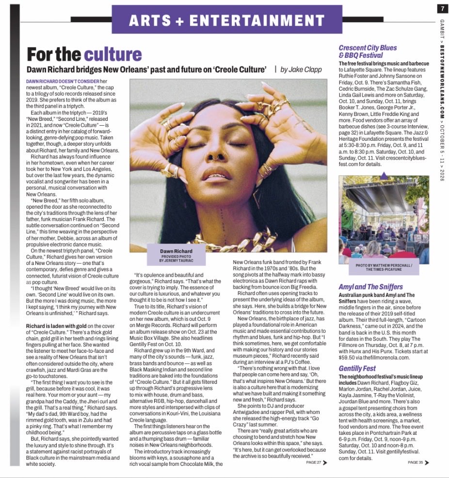 DawnRichard's tweet photo. Cover girl. I grew up on the @The_Gambit in New Orleans. A local publication that gave love to local artists and one of the first publications to show me love when I was young  performing around the city. Full Circle. 

for the culture. https://t.co/aqmdEfsGak