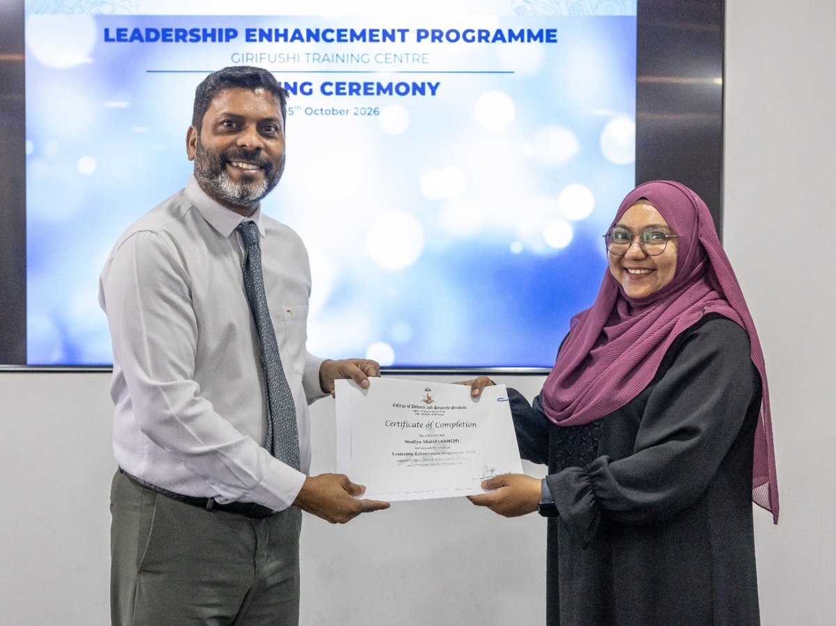 MoYSF_mv's tweet photo. Minister of Youth Empowerment, Sports and Fitness Abdulla Rafiu presented certificates to participants who successfully completed the Leadership Enhancement Programme, conducted from 1st to 3rd October 2026 by the College of Defence and Security Studies, in collaboration with the Ministry and the Maldives National Defence Force (MNDF).