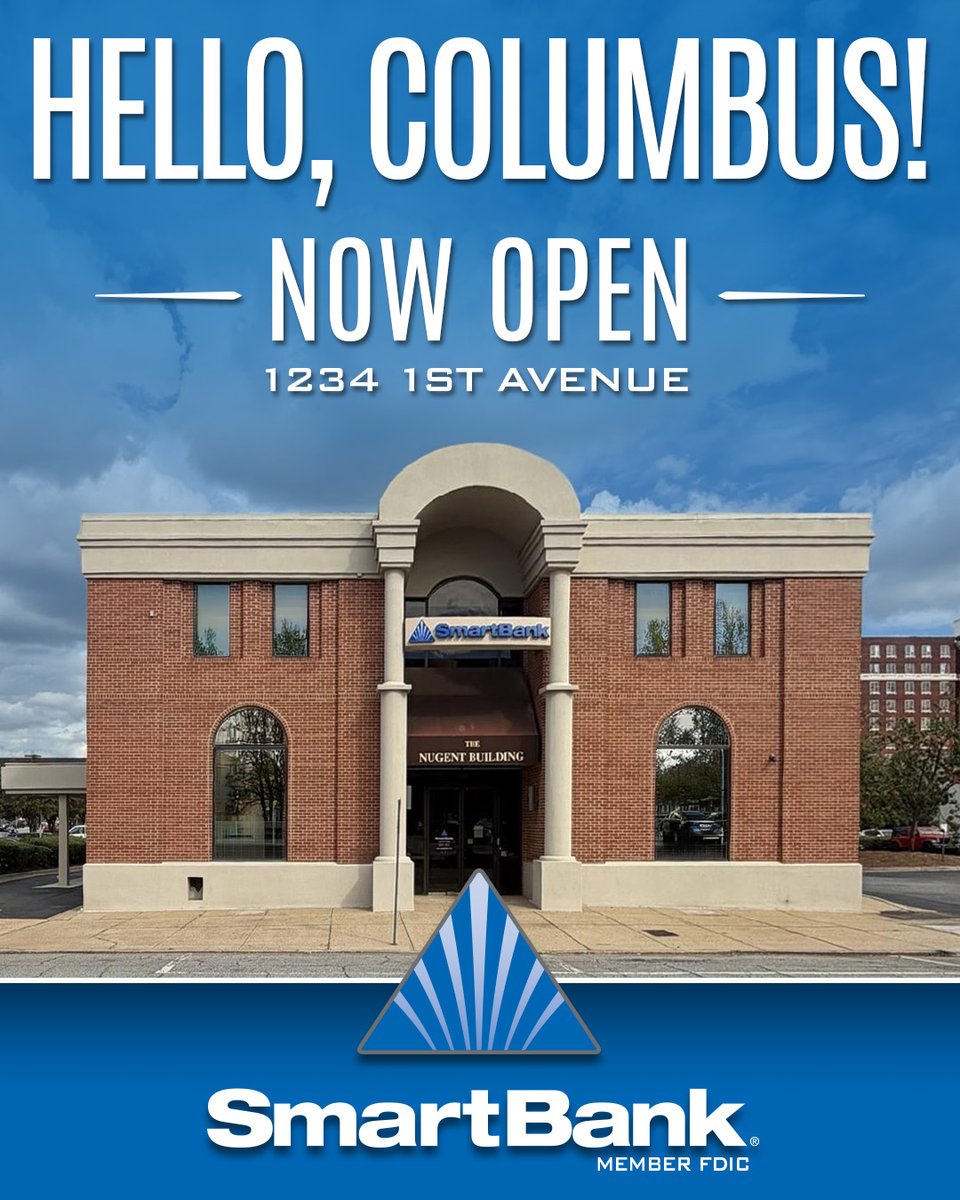 SmartBank's tweet photo. Hello, Columbus!

We're proud to officially open our doors in Columbus and establish SmartBank's first full-service financial center in Georgia.

📍 1234 1st Avenue, Columbus, GA
 🕒 Monday-Friday, 8:30 a.m.-5:00 p.m.

Learn more: https://t.co/kcFn8SV4bU https://t.co/Xp5fvIuxpp