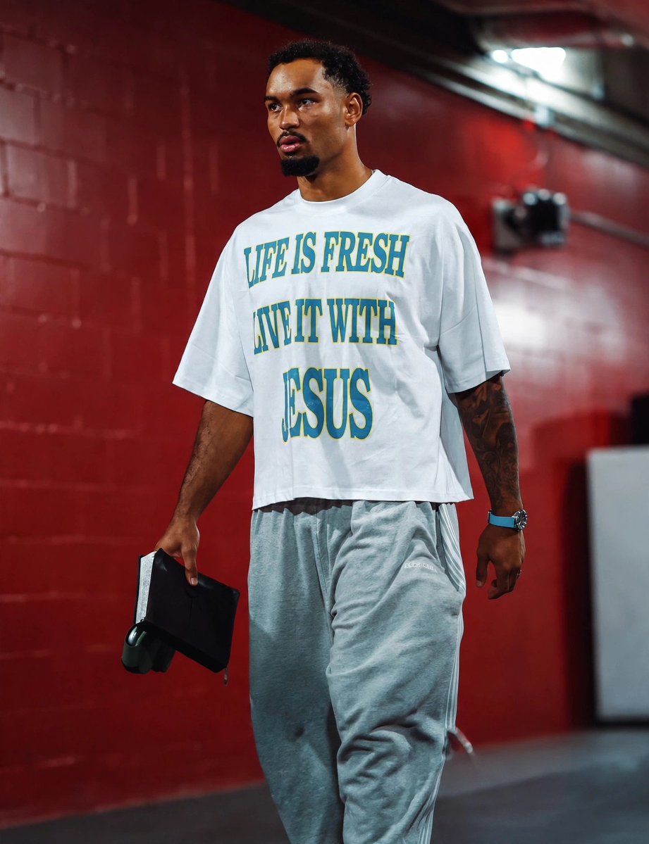 utdMaggie's tweet photo. Tampa Bay Buccaneers wide reviever Emeka Egbuka arrived for their game wearing g t-shirt with words " Life is fresh live it with JESUS." https://t.co/72ptS5lcn3