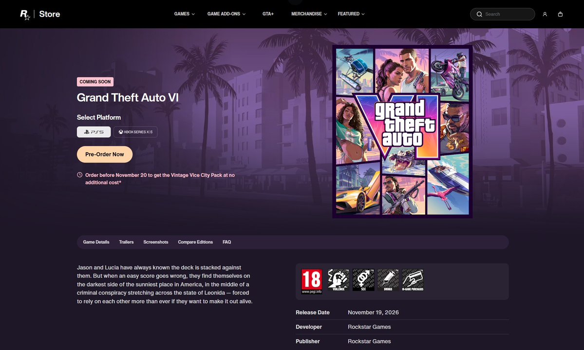 KingZezim_Kalux's tweet photo. 🚨 Movimentação no site oficial da Rockstar Games! 

A página do GTA 6 na Rockstar Store recebeu uma atualização, o selo oficial PEGI 18 e os ícones de conteúdo agora estão visíveis. #GTAVI https://t.co/L0m1DiNsZP