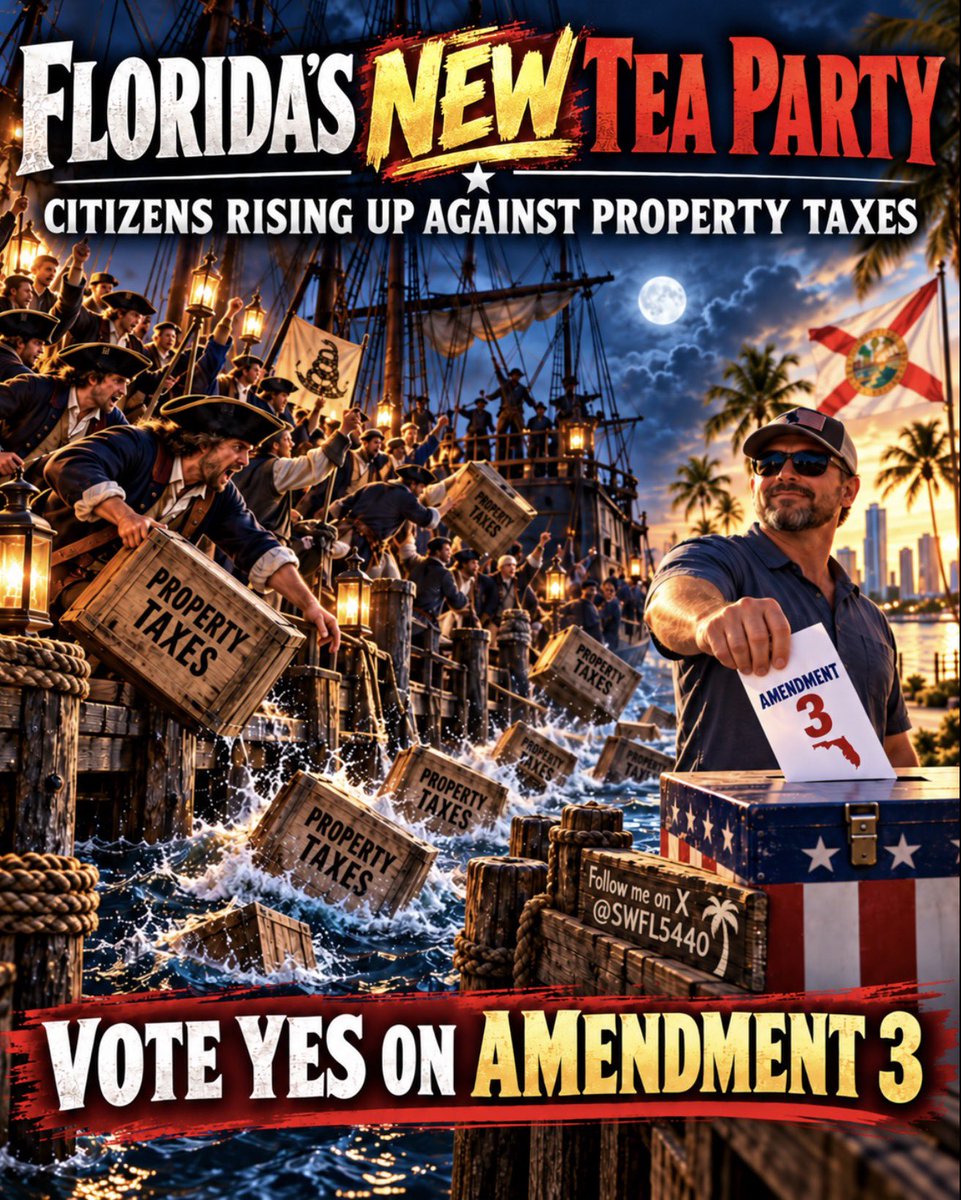 SWFL5440's tweet photo. 🚨 BREAKING: FLORIDA’S NEW TEA PARTY IS TAKING SHAPE.

The fight over property taxes is no longer staying inside government chambers.

1773 had a harbor.
2026 has a ballot box.

Florida voters will decide Amendment 3 on November 3. The measure would change homestead property-tax treatment, lower the assessment-growth cap on non-homestead property, and restrict how counties and municipalities can use remaining property-tax revenue. (Constitutional Initiatives)

The tea has changed.

The argument over taxation hasn’t.