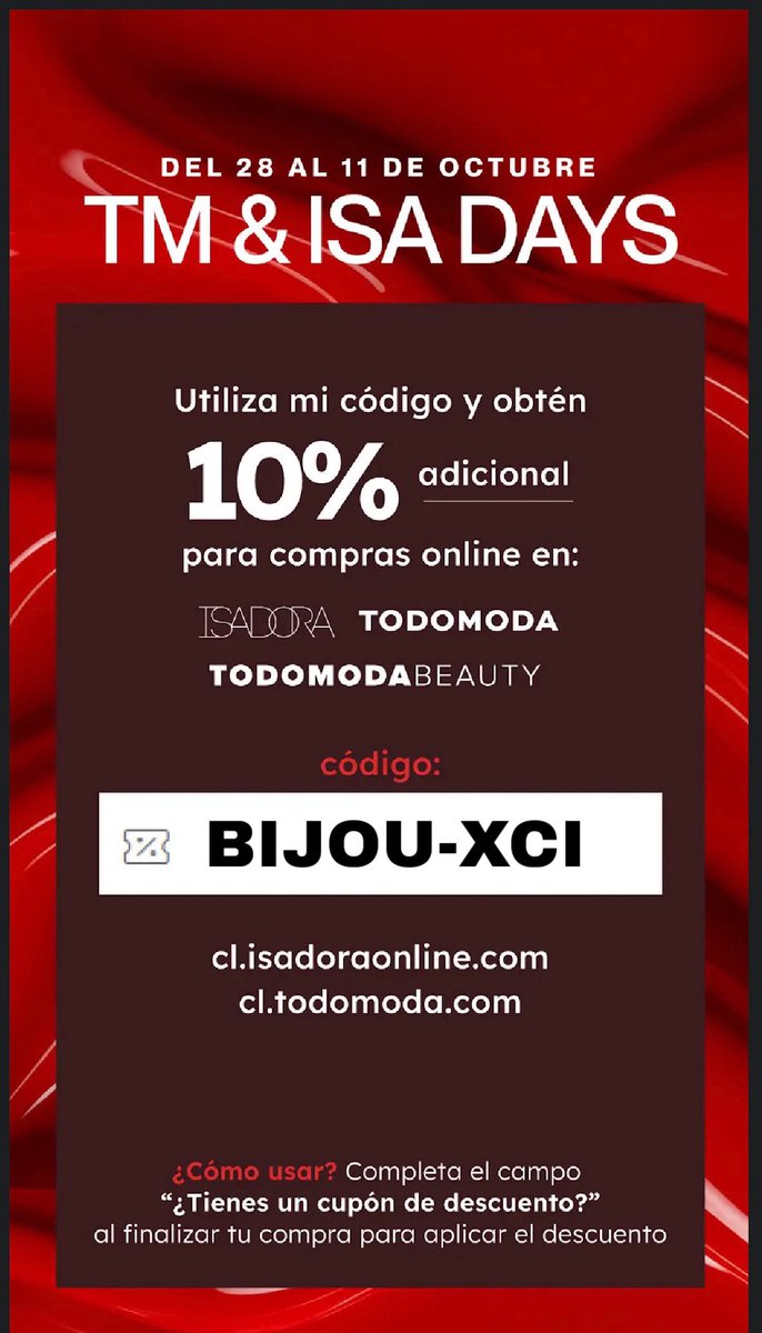 LauAndreaG's tweet photo. GENTE! Tengo un 10% ADICIONAL en ISADORA &amp; TODOMODA, válido hasta el 11/10 🙂‍↔️🤍

ME AYUDAN A RT‼️

@DescuentosRata #cyberday #todomodachile #isadorachile #descuentos #descuentosrata https://t.co/nNYMJ0ASHY