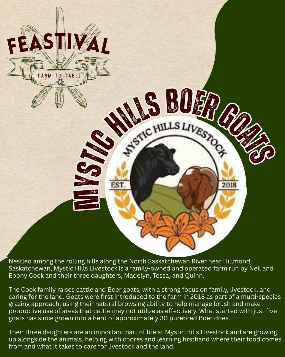 lloydexh's tweet photo. New to the producer list this year is Ebony Lysyshyn with Mystic Hills Boer Goats. Not only is she providing the protein for the Goat stew, she will also be one of our Celebrity Chefs serving at Feastival! https://t.co/teClTjJhcd