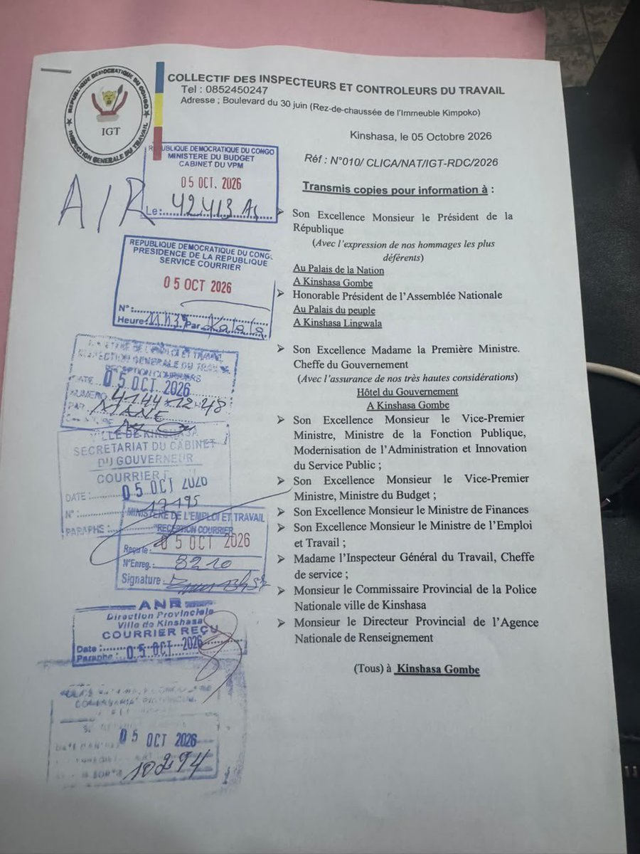 DrcTimes1's tweet photo. 🚨 RDC : sit-in pacifique des Inspecteurs et Contrôleurs du travail (IGT) mercredi 07/10, dès 8h, devant le ministère du Budget, Gombe. ✊

Ils exigent le paiement des arriérés du T3, le paiement et l'intégration à la paie régulière dès octobre 2026, avec la paie à 100 % du barème ordonnée par le Chef de l'État le 10 juillet. Les promesses du ministre du Budget restent sans suite. ⚠️

#RDC #Kinshasa #IGT #SitIn #Gombe