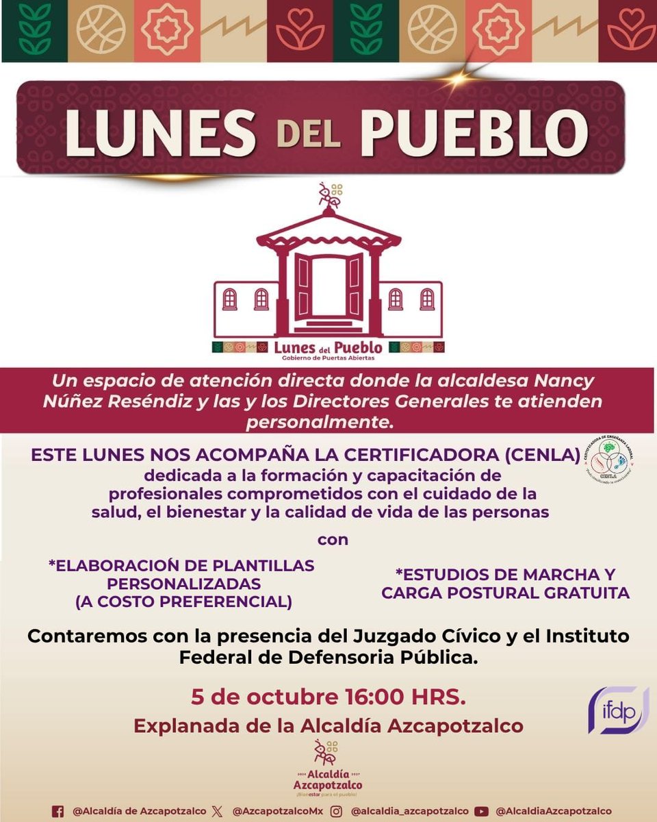 AzcapotzalcoMx's tweet photo. Este lunes tenemos una nueva jornada de Lunes del Pueblo, un espacio de atención directa para escuchar y atender las necesidades de las y los vecinos. 🤝

A partir de las 16:00 horas, en la Explanada de la Alcaldía, contaremos con distintos servicios y dependencias para acercar soluciones y trámites a la comunidad.

📅 Hoy, 5 de octubre 
🕓 16:00 horas
📍 Explanada de la Alcaldía Azcapotzalco
¡Les esperamos!