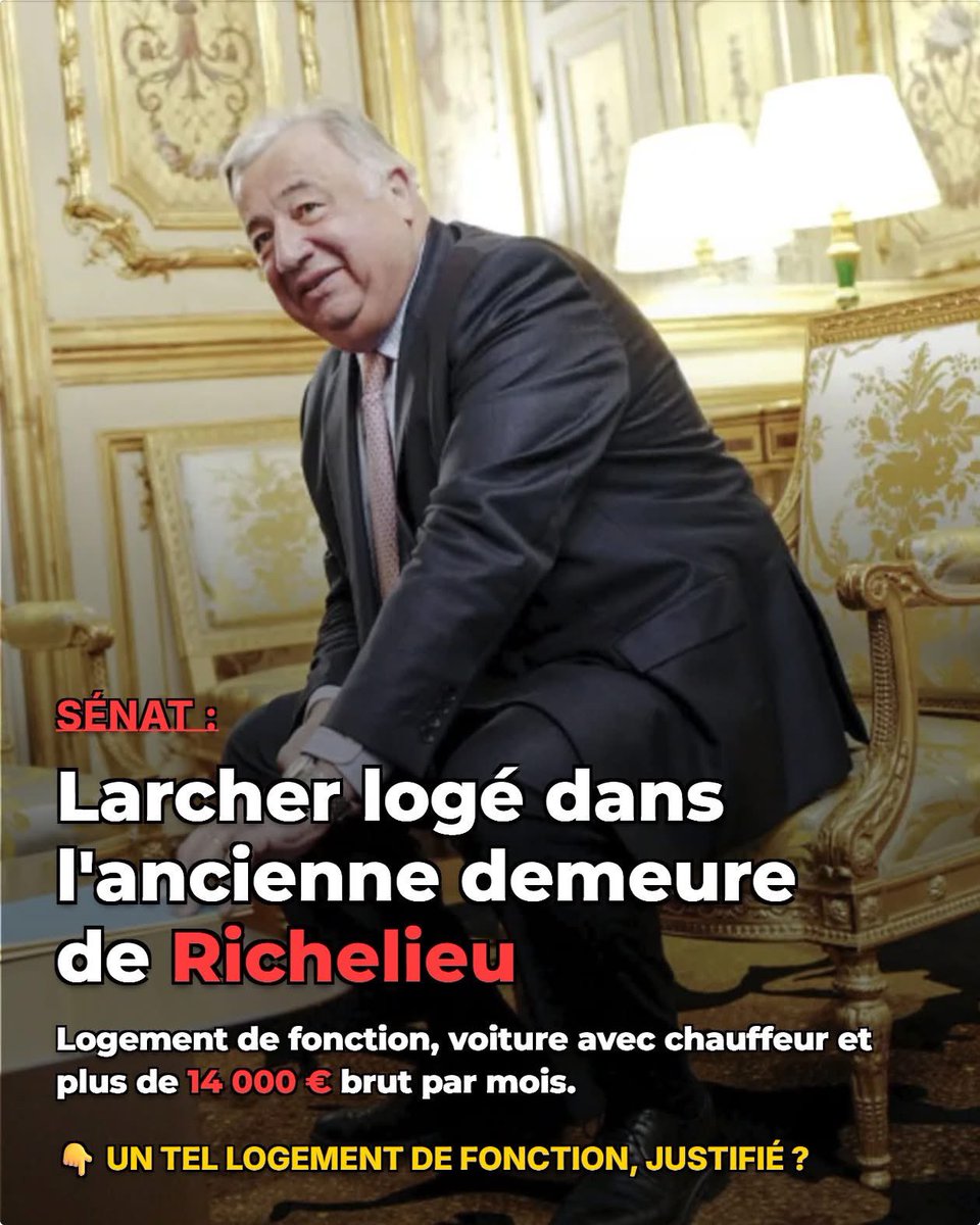 veritebeaute's tweet photo. 🏛️ Depuis 1958, le président du Sénat est logé au Petit Luxembourg, hôtel particulier du XVIe siècle accolé au palais du Luxembourg, où ont vécu Richelieu puis Bonaparte et Joséphine
🏡 Gérard Larcher y réside, tout en gardant sa maison de Rambouillet, ville dont il a été maire près de trente ans
🚗 La fonction s'accompagne d'une voiture avec chauffeur et de gardes du corps
💶 Côté rémunération : 7 239,91 € brut par mois comme sénateur, plus 7 196,46 € brut d'indemnité de fonction comme président (barème 2022), soit plus de 14 000 € brut
🪑 En janvier 2025, Le Canard enchaîné révélait 34 000 € dépensés pour deux fauteuils et un prototype destinés au président
⚖️ Ce logement est attaché à la fonction, comme Matignon pour le Premier ministre. Le tout est financé par la dotation de l'État au Sénat, donc par le contribuable

👇 Un tel logement de fonction, justifié ?

Sources : JDD, Journal du Net, Le Canard enchaîné

#Senat #Larcher #ArgentPublic #Privileges