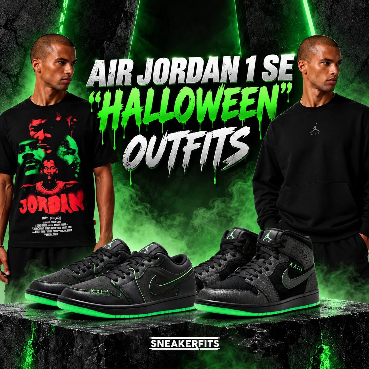 SneakerFitsCom's tweet photo. Air Jordan 1 SE “Halloween” outfit ideas 🎃

See matching Jordan shirts, hoodies and pants, plus a complete outfit built around the black and green colorway.

Get the complete outfit guide:
https://t.co/aiaPwCdBAl

#AirJordan1 #JordanBrand https://t.co/e3bfORYgbG