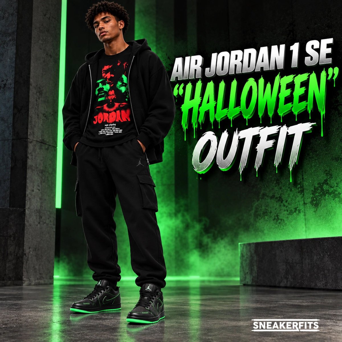 SneakerFitsCom's tweet photo. Air Jordan 1 SE “Halloween” outfit ideas 🎃

See matching Jordan shirts, hoodies and pants, plus a complete outfit built around the black and green colorway.

Get the complete outfit guide:
https://t.co/aiaPwCdBAl

#AirJordan1 #JordanBrand https://t.co/e3bfORYgbG