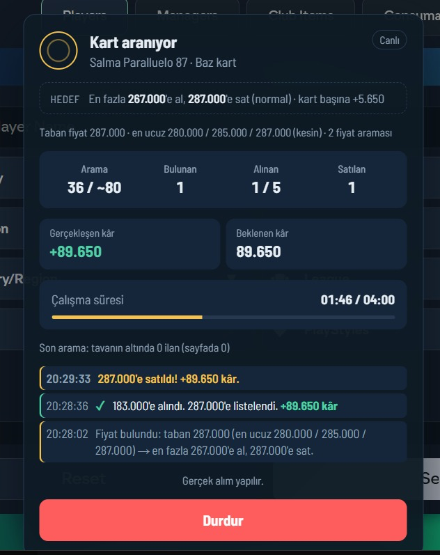 EasySnipeFut's tweet photo. Easy Snipe Fut ile tek oturumda: 183.000'e aldı, 287.000'e sattı, vergi sonrası +89.650 coin kâr 🚀

One session with Easy Snipe Fut: bought at 183K, sold at 287K, +89,650 coins profit after tax.

#EAFC27 #FUT27 #UltimateTeam #FUTTrading https://t.co/69smmpPy6j