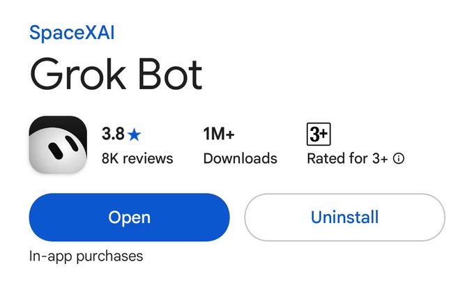 A Google Play Store listing for the 'SpaceXAI Grok Bot' app with a 3.8 star rating, 8K reviews, 1M+ downloads, and Open/Uninstall buttons.