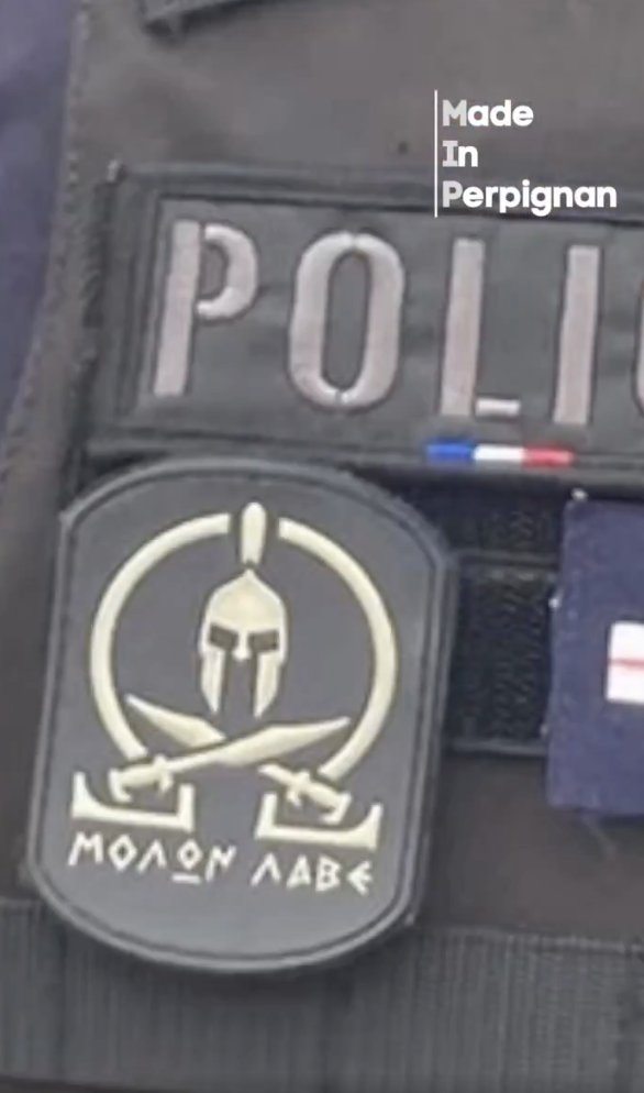 PRouge68245's tweet photo. Un policier sans RIO avec, à la place un blason de l'extrême droite radicale.

Un spécimen de la Police nationale de @NunezLaurent https://t.co/Cnle798Vu8