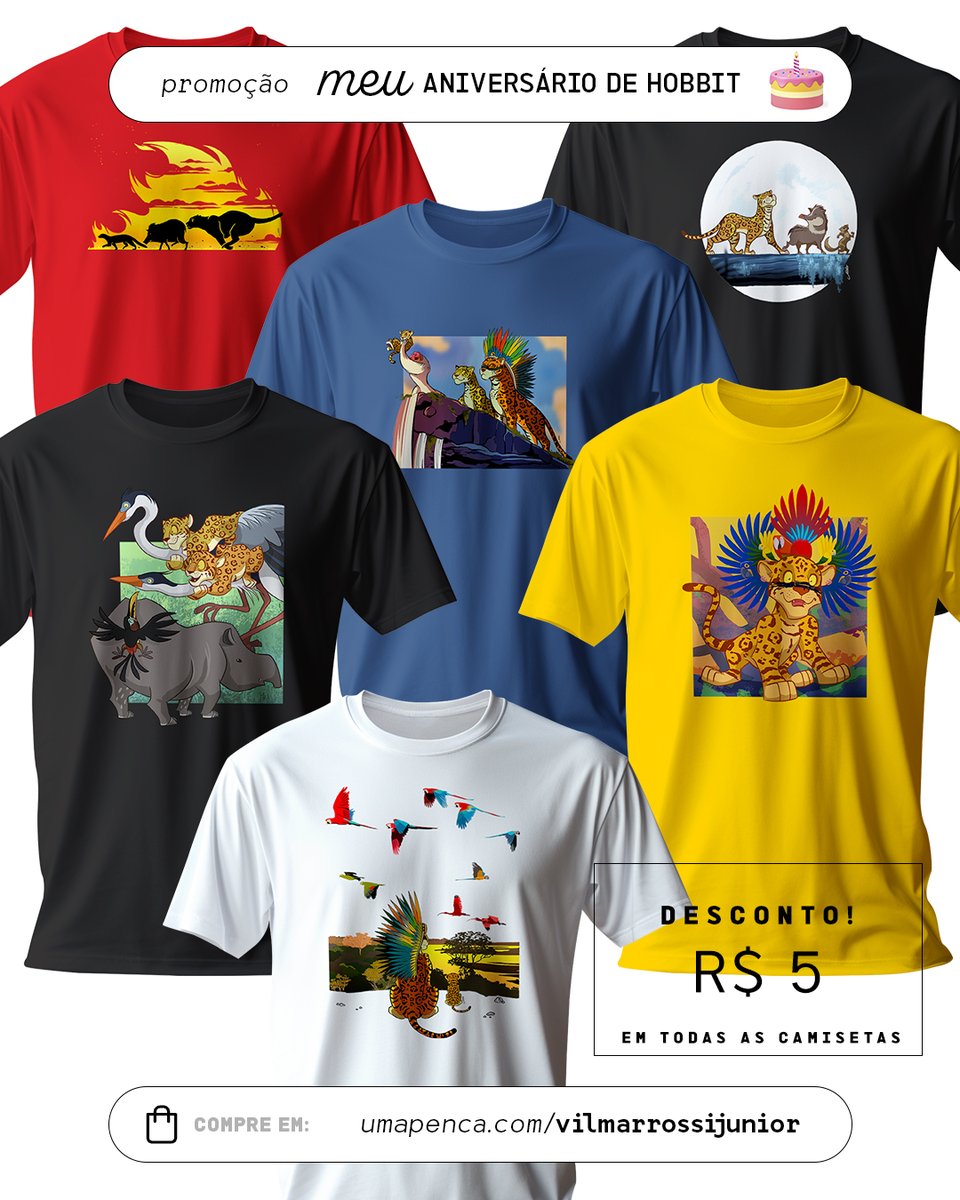 vilmarrossijr's tweet photo. Dias 5,6 e 7 de outubro tem R$ 5 de desconto em TODAS AS CAMISETAS na minha lojinha! 
Aproveitem pra levar também canecas e ecobags, todas com ilustrações do "E se o Rei Leão acontecesse na Amazônia?". https://t.co/wdyZttaSXC https://t.co/BdxndgyzuE