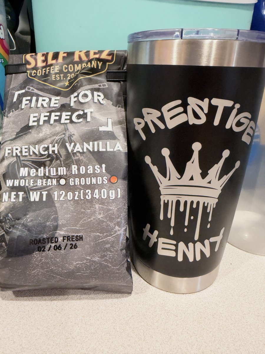 HennyPrestige's tweet photo. Morning lineup looking elite ☕🔥 Shoutout @SelfRezCoffeeCo for the Fire for Effect French Vanilla. And @axomarks came through AGAIN with the custom Prestige Henny tumbler, the detail is crazy. Which one y'all need first? #coffee #selfrezcoffee #axomarks #PrestigeHenny https://t.co/Vyr3wqATe1
