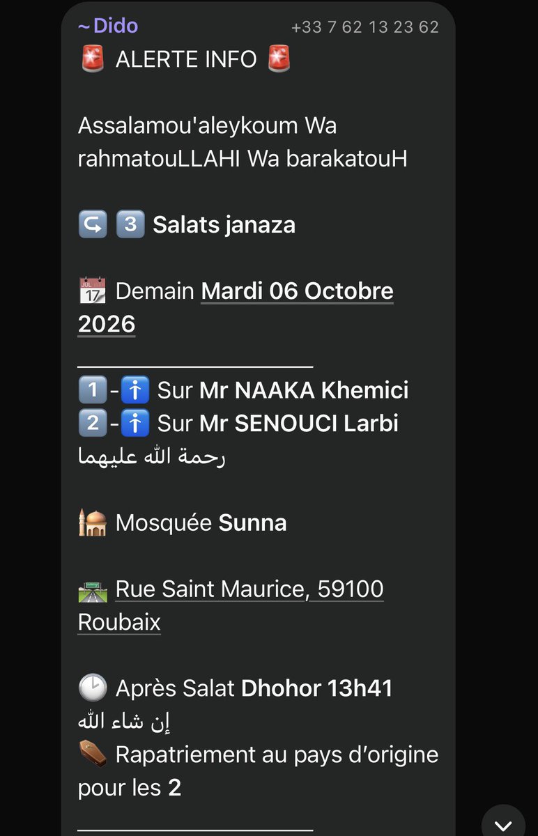 adnbrt_'s tweet photo. Salam aleykoum il y a une salât janaza demain mardi 6/10 après salât dhor à la mosquée sunnah de Roubaix et il y a une salât janaza à la mosquée ibn Abdel Barr (pont rompu ) à Tourcoing aussi après salât dhor in shaa Allah https://t.co/zUDNfgPqCc